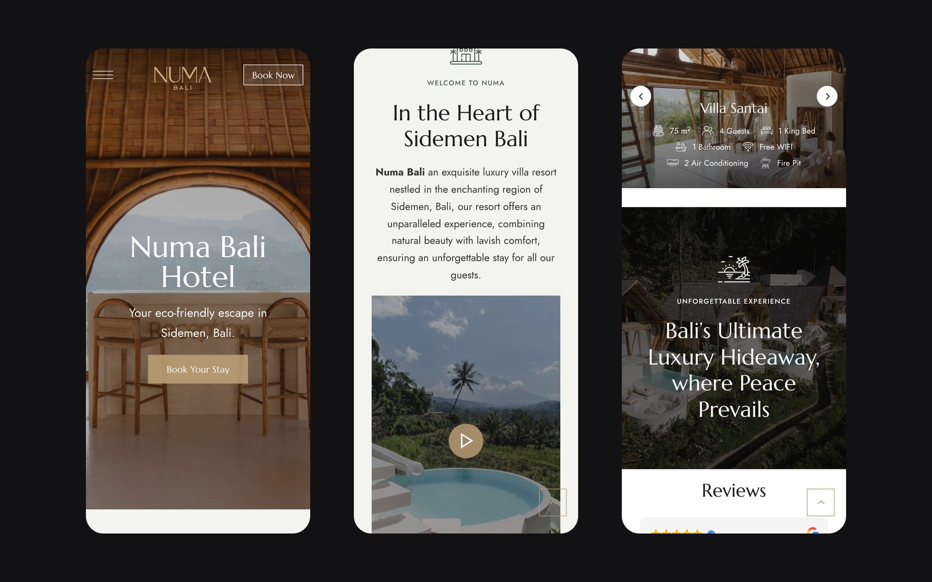 Tre schermate del sito Numa Bali su smartphone: apertura, benvenuto e una villa