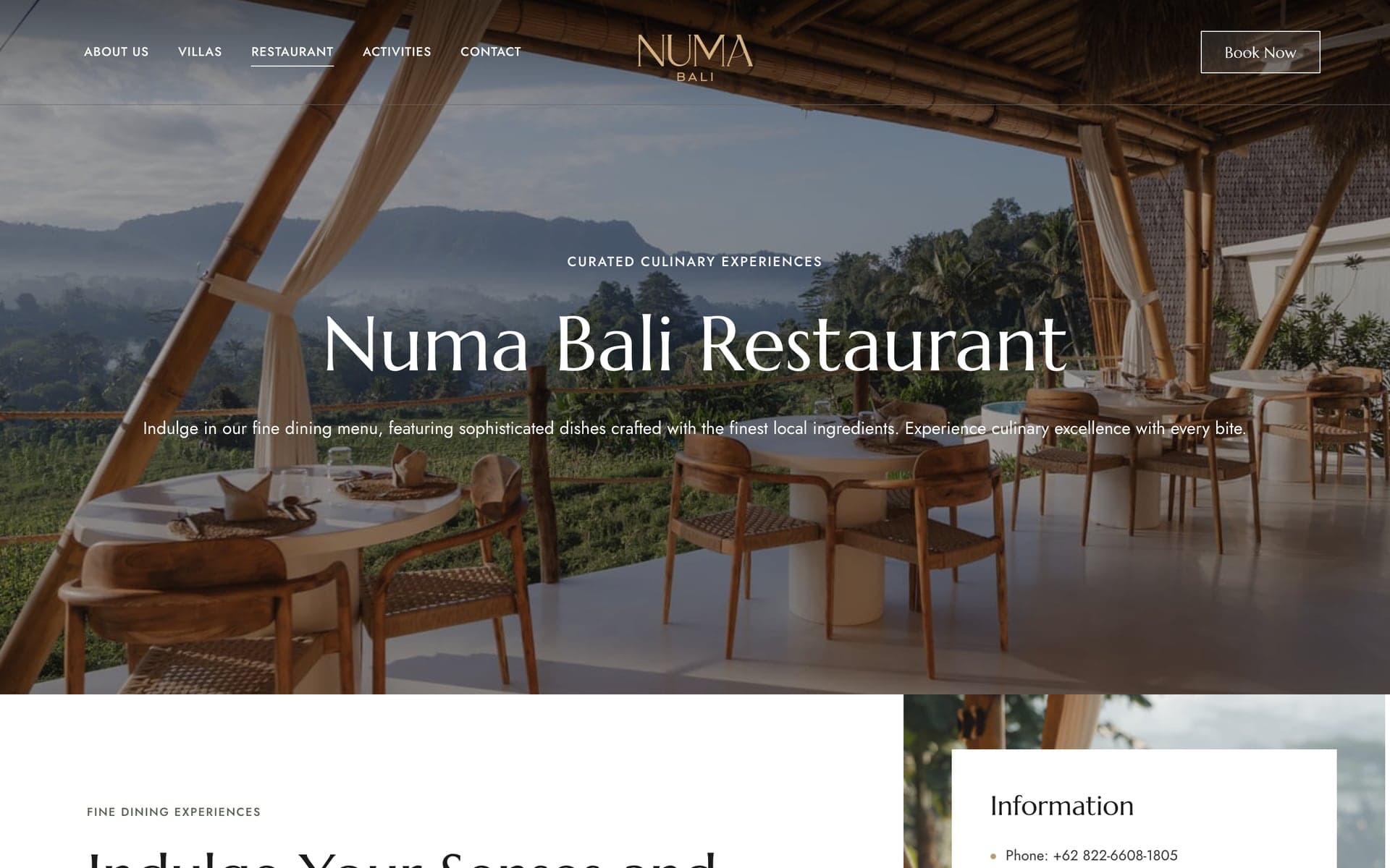 La pagina del ristorante di Numa Bali