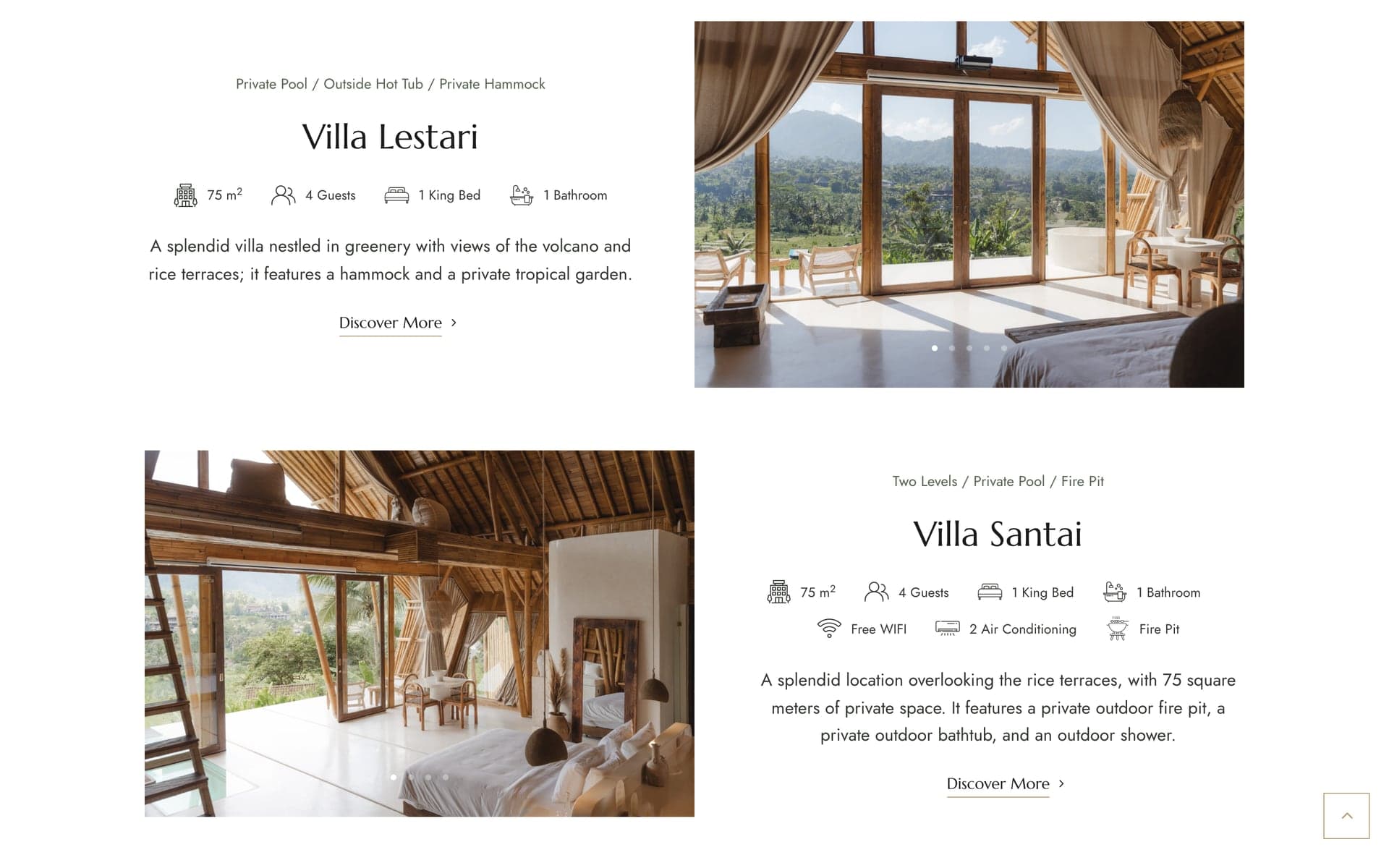 L'elenco delle ville sul sito Numa Bali, con fotografia e dati essenziali per ciascuna