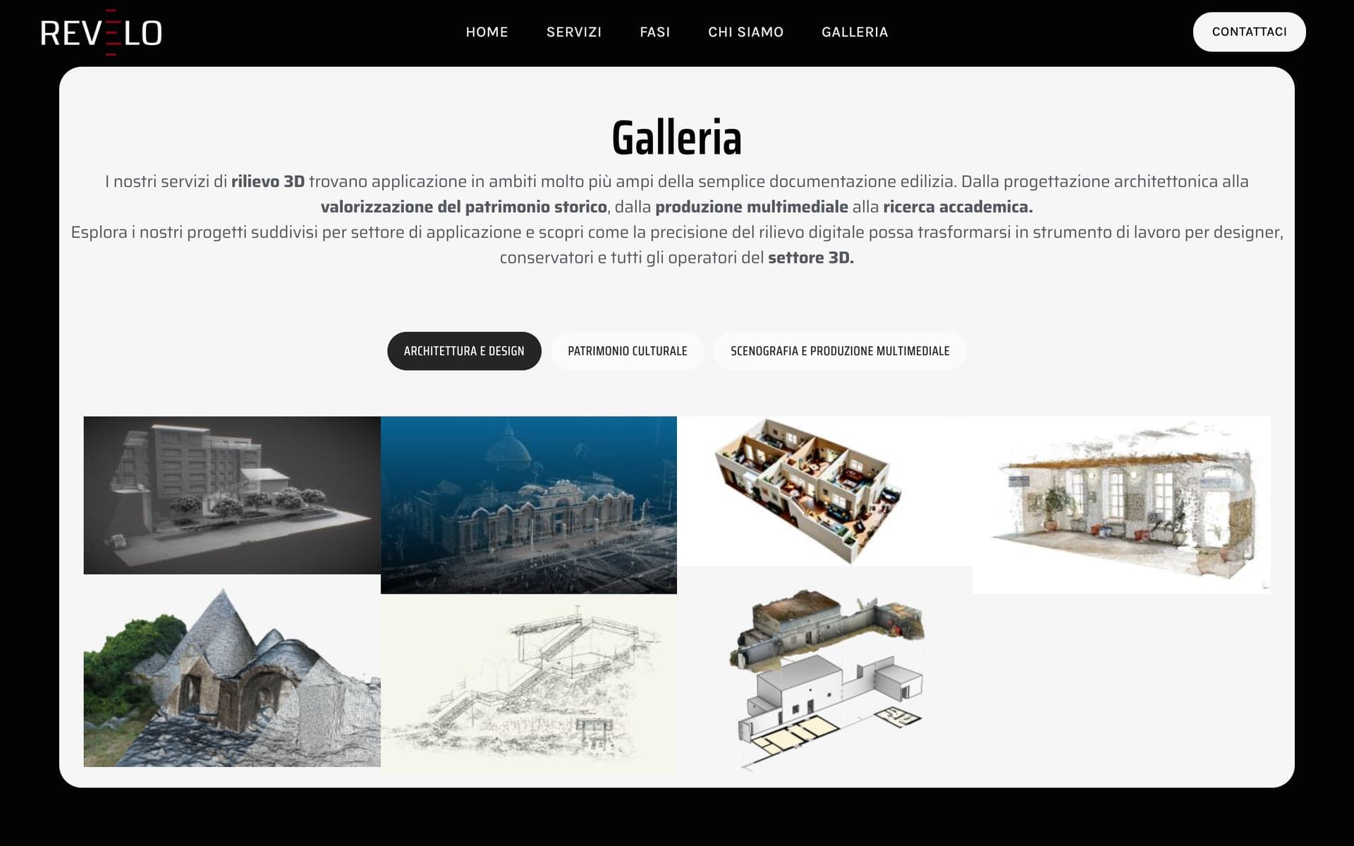 La galleria dei progetti di Revelo 3D con i filtri per ambito