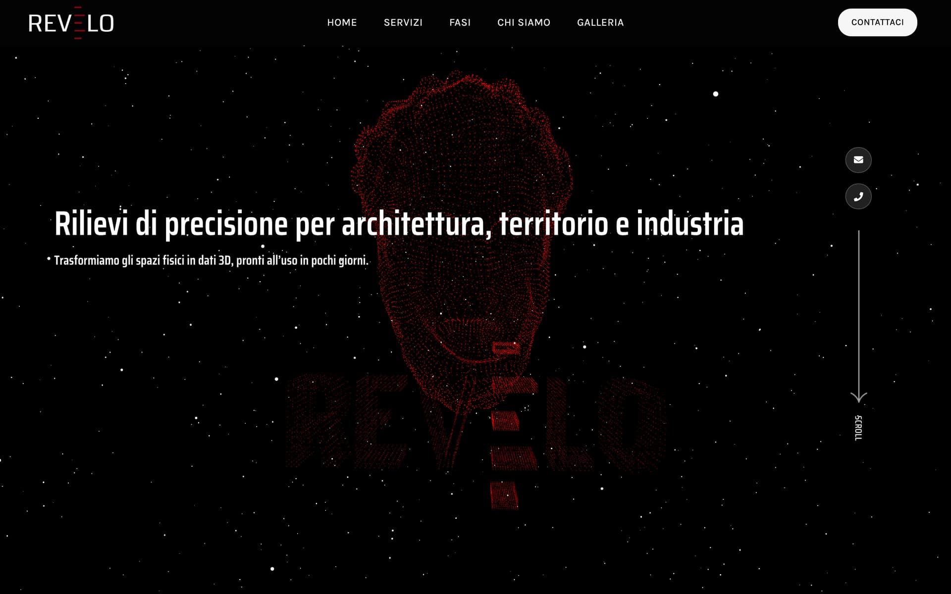 La homepage di Revelo 3D: titolo su fondo nero con una figura disegnata in nuvola di punti rossa