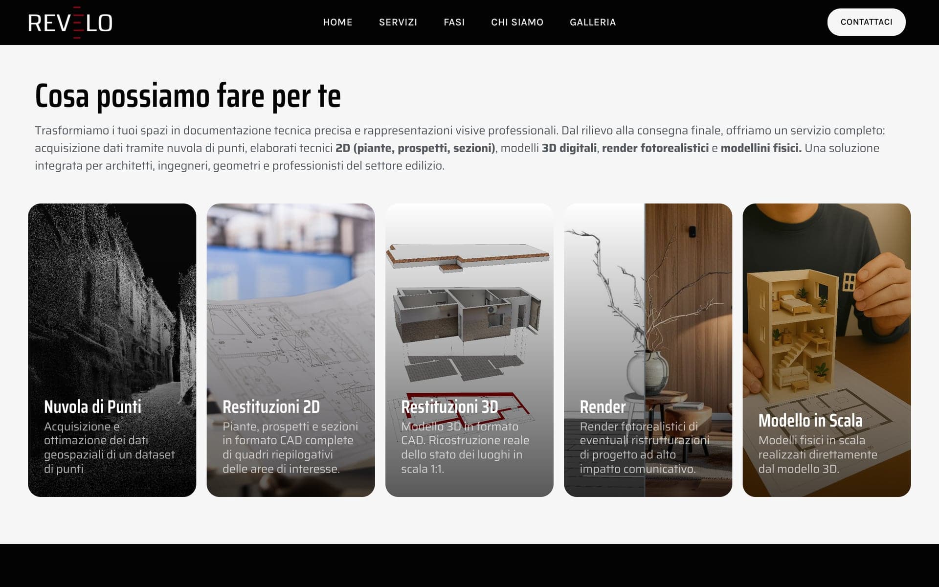 La sezione servizi del sito Revelo 3D con cinque schede affiancate